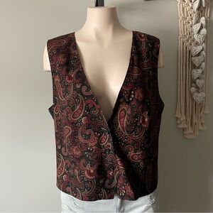 90s Vintage Koret Paisley Button Down Vest Waistcoat Brown Boho Plus Size 16